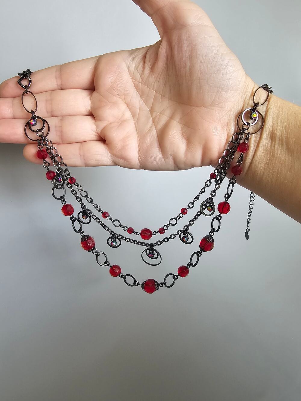 1928 Jewelry Co Art Deco Style Red Beaded Gunmetal Multi Strand Necklace